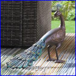 Hand Painted Metal Exotic Peacock Garden Sculpture Magnificent Features Yard Art