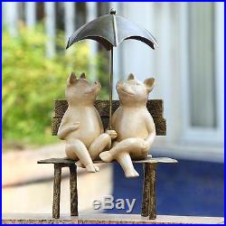 Happy 2 Pigs under Umbrella Metal Garden Pool Yard Art Decor Statue Sculpture