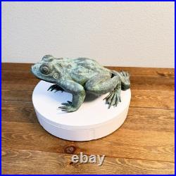 Heavy Bronze Statue Croaking Frog in Green Patina for water fountain feature 12