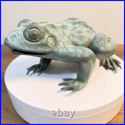 Heavy Bronze Statue Croaking Frog in Green Patina for water fountain feature 12