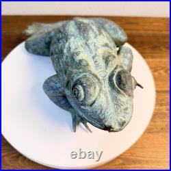 Heavy Bronze Statue Croaking Frog in Green Patina for water fountain feature 12