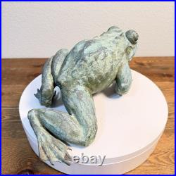 Heavy Bronze Statue Croaking Frog in Green Patina for water fountain feature 12