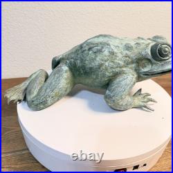 Heavy Bronze Statue Croaking Frog in Green Patina for water fountain feature 12