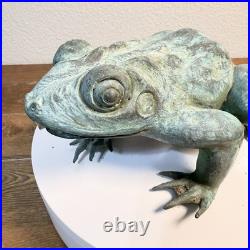 Heavy Bronze Statue Croaking Frog in Green Patina for water fountain feature 12