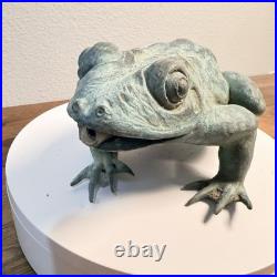 Heavy Bronze Statue Croaking Frog in Green Patina for water fountain feature 12