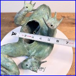 Heavy Bronze Statue Croaking Frog in Green Patina for water fountain feature 12