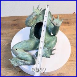 Heavy Bronze Statue Croaking Frog in Green Patina for water fountain feature 12