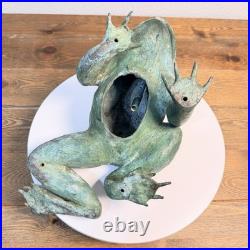 Heavy Bronze Statue Croaking Frog in Green Patina for water fountain feature 12