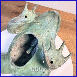 Heavy Bronze Statue Croaking Frog in Green Patina for water fountain feature 12