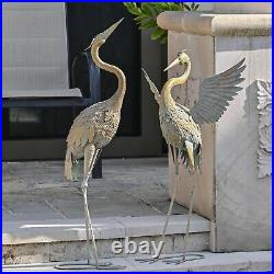 Heron Garden Statues 33-39 Metal Crane Yard Art Bird Lawn Sculptures Set of 2