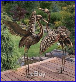 LARGE Flying Bronze Patina Crane Pair Statue Sculpture Heron Bird Metal Yard Art