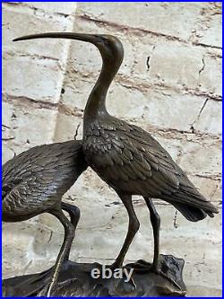 Large Bronze Patina Flying Crane Pair Sculpture Heron Bird Yard Art Metal Figure