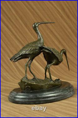 Large Bronze Patina Flying Crane Pair Sculpture Heron Bird Yard Art Metal Statue