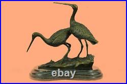 Large Bronze Patina Flying Crane Pair Sculpture Heron Bird Yard Art Metal Statue