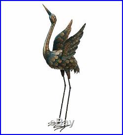 Large Copper Patina Flying Crane Pair Sculpture Heron Bird Yard Art Metal Statue