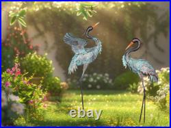Large Metal Heron Standing Yard Art Blue Crane Lawn Sculpture Garden Decor 2 Set