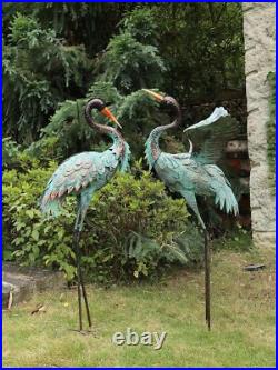 Large Metal Heron Standing Yard Art Blue Crane Lawn Sculpture Garden Decor 2 Set