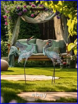 Large Metal Heron Standing Yard Art Blue Crane Lawn Sculpture Garden Decor 2 Set