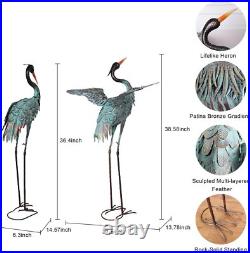 Large Metal Heron Standing Yard Art Blue Crane Lawn Sculpture Garden Decor 2 Set