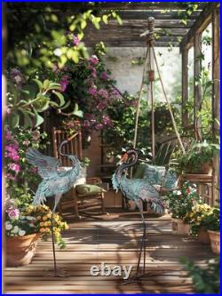 Large Metal Heron Standing Yard Art Blue Crane Lawn Sculpture Garden Decor 2 Set
