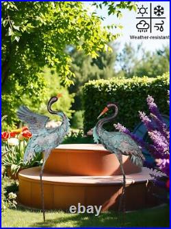 Large Metal Heron Standing Yard Art Blue Crane Lawn Sculpture Garden Decor 2 Set