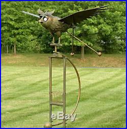 Large Metal Rocking Owl Statue Sculpture Moving Wings Solar Eyes Yard Scarecrow