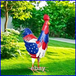 Large Patriotic Metal Rooster Garden Statue American Flag Chicken Yard Art De