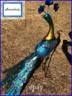 Large Peacock Garden Statue Metal Rustic Blue Bird Sculpture Outdoor Yard Décor