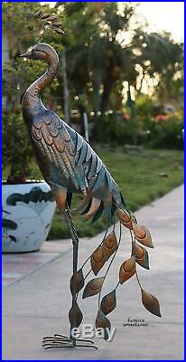 Large Peacock Garden Statue Metal Rustic Blue Bird Sculpture Outdoor Yard Decor