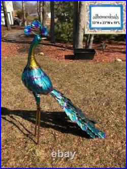 Large Peacock Garden Statue Metal Rustic Blue Bird Sculpture Outdoor Yard Décor
