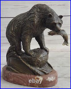 Large Real Bronze Statue Bear with Fish Figure Sculpture Garden Yard Art Work NR