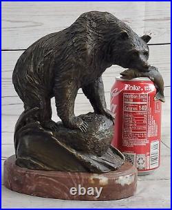 Large Real Bronze Statue Bear with Fish Figure Sculpture Garden Yard Art Work NR