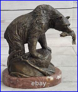 Large Real Bronze Statue Bear with Fish Figure Sculpture Garden Yard Art Work NR