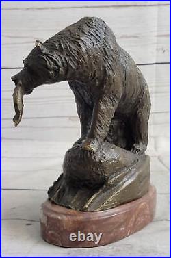 Large Real Bronze Statue Bear with Fish Figure Sculpture Garden Yard Art Work NR