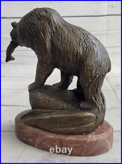 Large Real Bronze Statue Bear with Fish Figure Sculpture Garden Yard Art Work NR