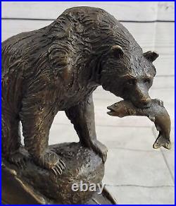 Large Real Bronze Statue Bear with Fish Figure Sculpture Garden Yard Art Work NR