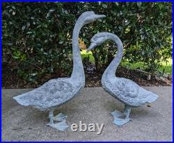 Large Vintage Pair Cast Bronze Metal Goose Garden Decor Statues Sculptures