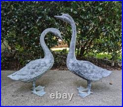 Large Vintage Pair Cast Bronze Metal Goose Garden Decor Statues Sculptures