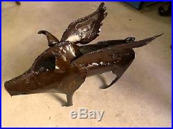 Lg 21 Mexican Welded Recylcled Metal Iron Flying Pig Sculpture Yard Garden Art