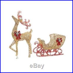 Lighted Gold Red Reindeer & Sleigh Set Outdoor Christmas Yard Lawn Decoration