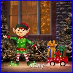 Lighted Santa's Elf With Wagon Of Gifts Sculpture Outdoor Christmas Decor Yard