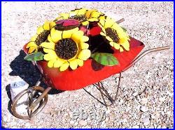 Metal Art garden Sunflower sculpture, Junk Iron Art, wheelbarrow with flowers