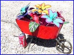 Metal Art garden flower sculpture, Junk Iron Art, wheelbarrow with flowers