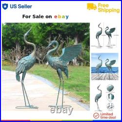 Metal Crane Garden Statues Outdoor Decor Set of 2 Vintage Bird Sculpture Yard