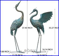 Metal Crane Garden Statues Outdoor Decor Set of 2 Vintage Bird Sculpture Yard