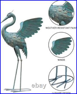 Metal Crane Garden Statues Outdoor Decor Set of 2 Vintage Bird Sculpture Yard