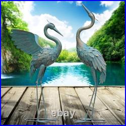 Metal Crane Garden Statues Outdoor Decor Set of 2 Vintage Bird Sculpture Yard