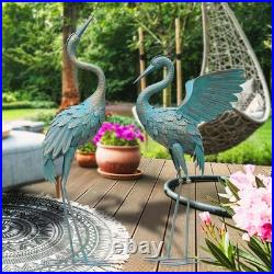 Metal Crane Garden Statues Outdoor Decor Set of 2 Vintage Bird Sculpture Yard