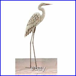 Metal Egret Statue Garden Pond Coastal Bird Yard Art Sculpture Crane Heron Ivory