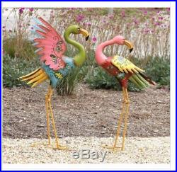 Metal Flamingo Garden Outdoor Sculpture Decor Yard Lawn Set of 2 Statue Ornament